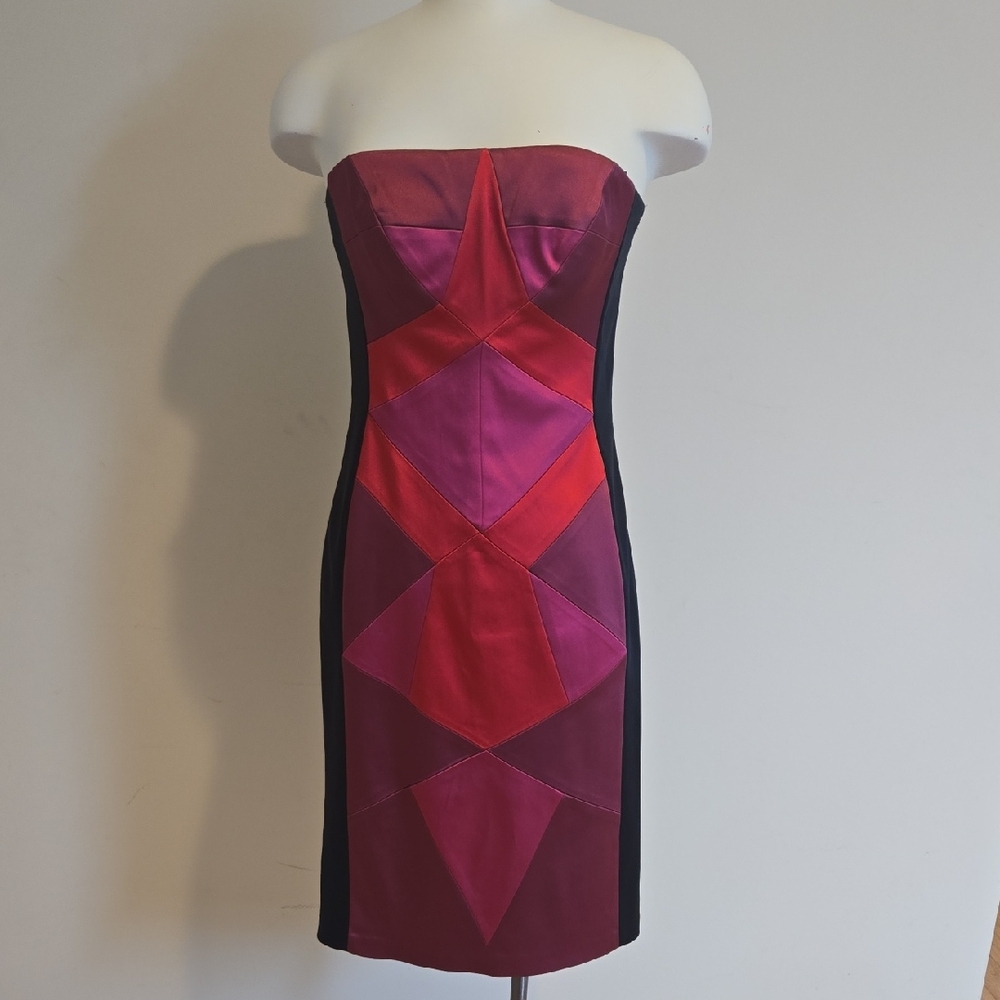 Cache Strapless Red and Pink Dress